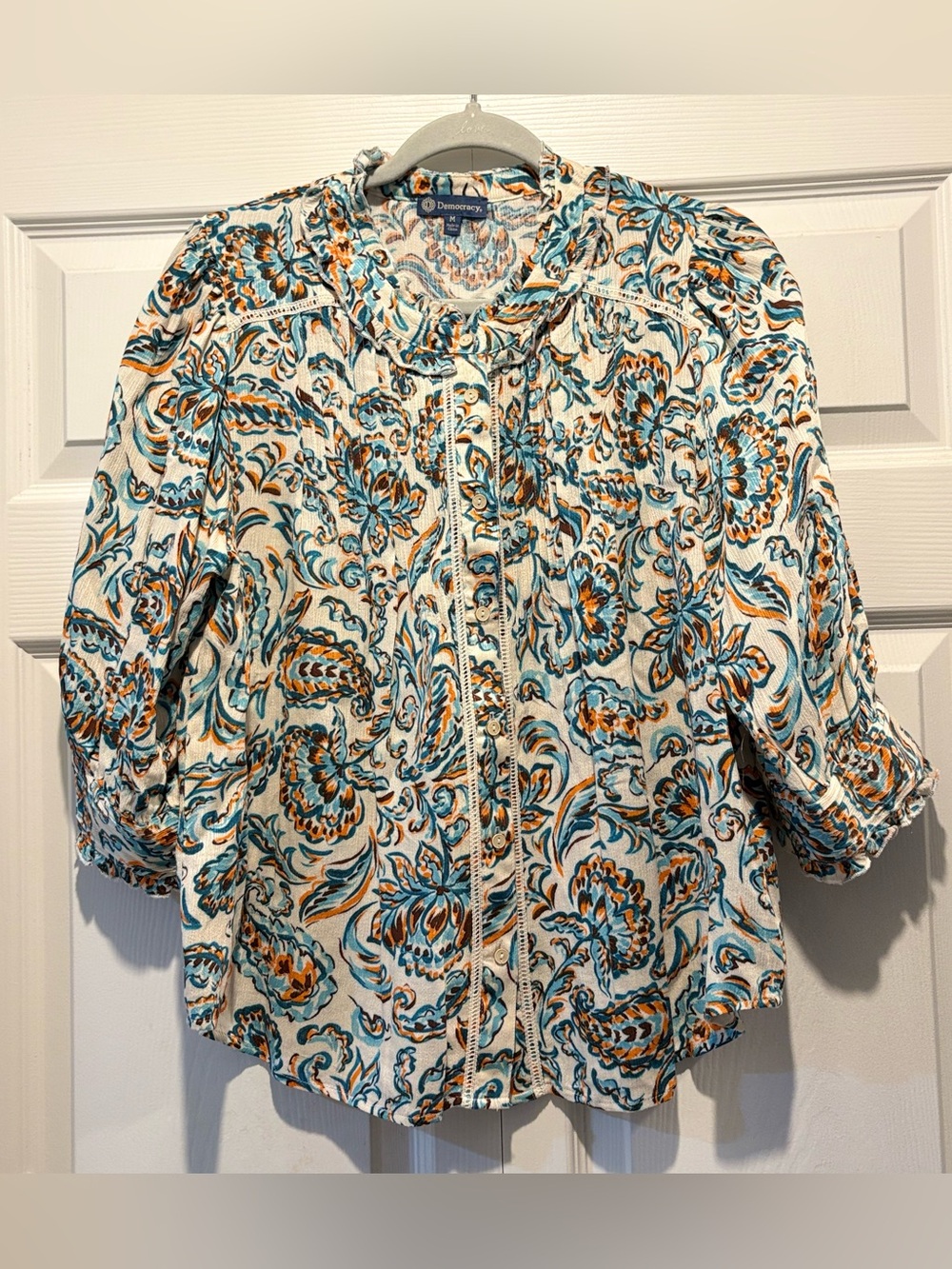 Democracy Paisley Floral Button-Down 3/4 Sleeve Shirt Feminine Delicate Sz M